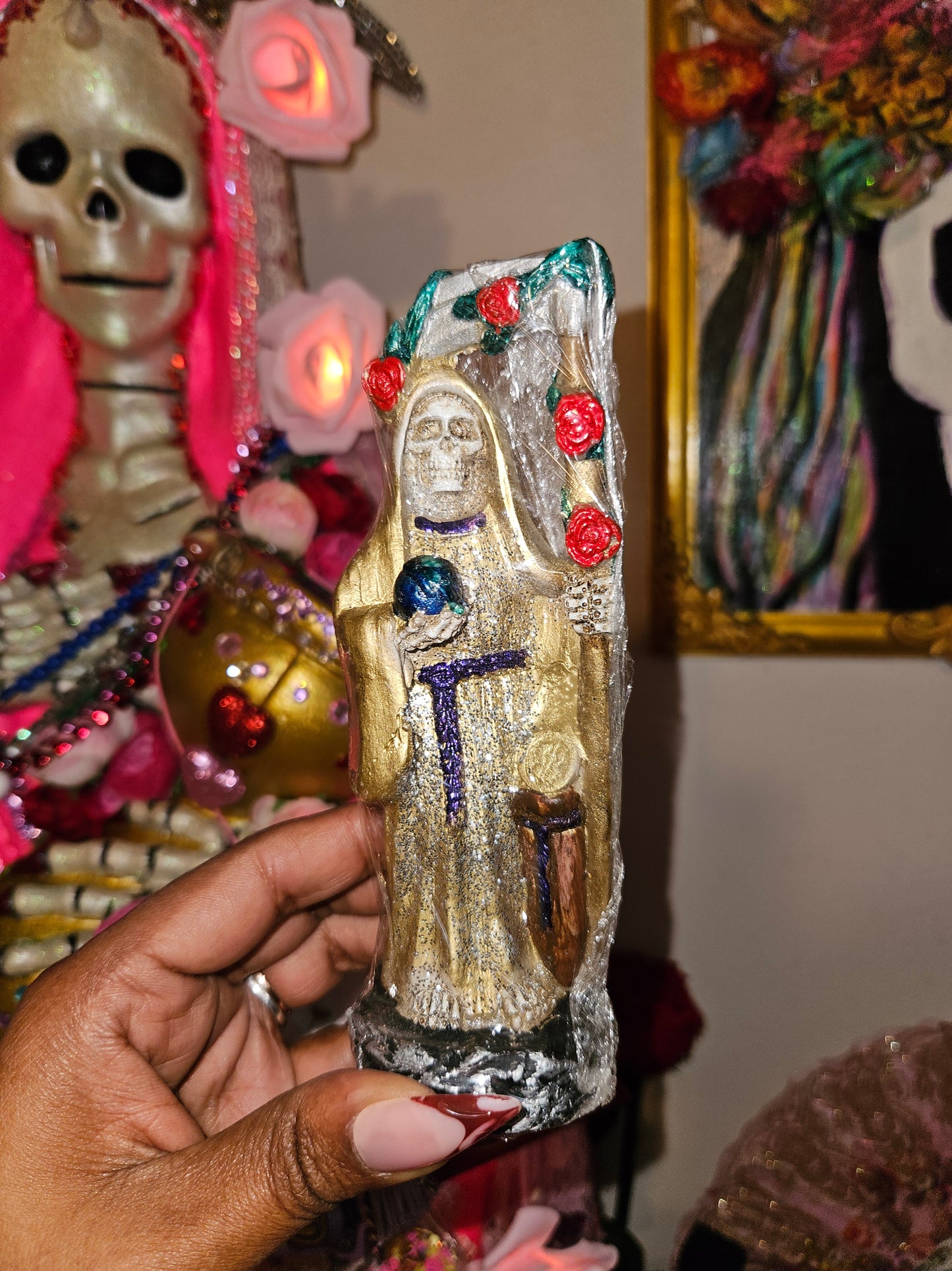 6" Rose on Scythe Santa Muerte Statue
