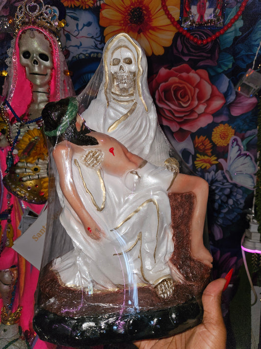 14" Niña Blance (White Robe) Holding Jesue Santa Muerte Statue