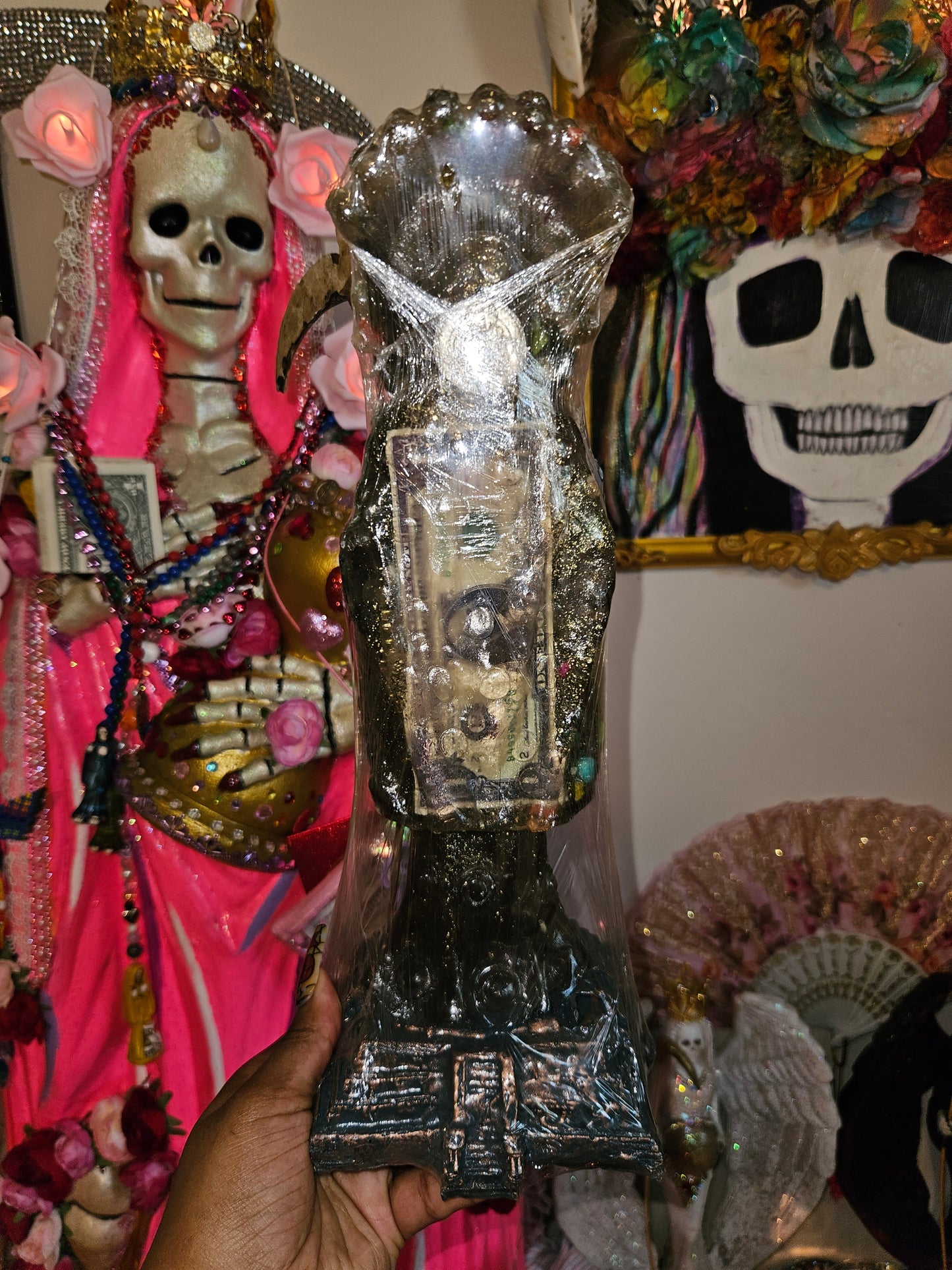 13" Clear Amber Robe Aztec/ Mexica Santa Muerte Statue