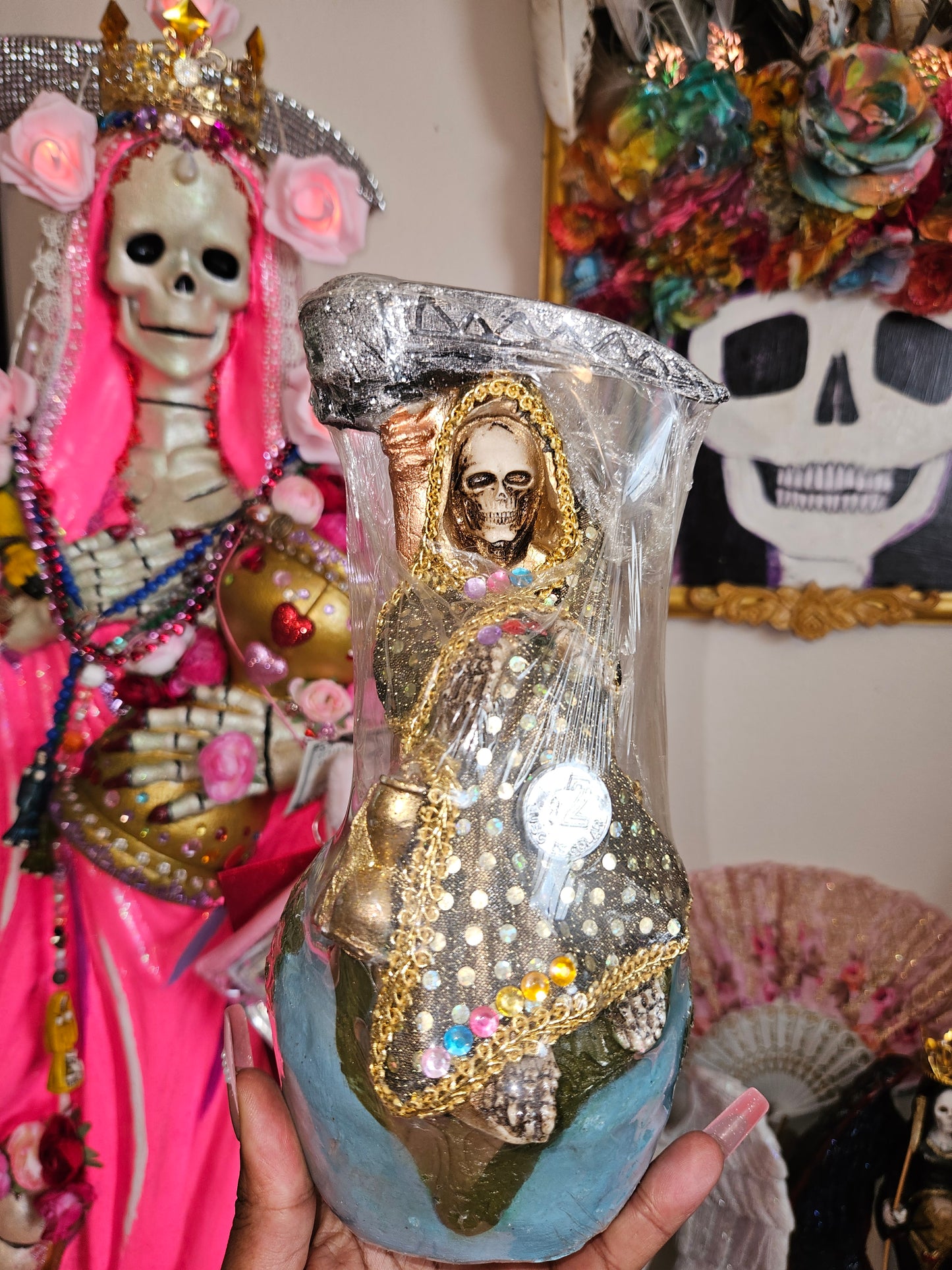 8" Vestida Gold Robe Sitting on Top of World Santa Muerte Statue