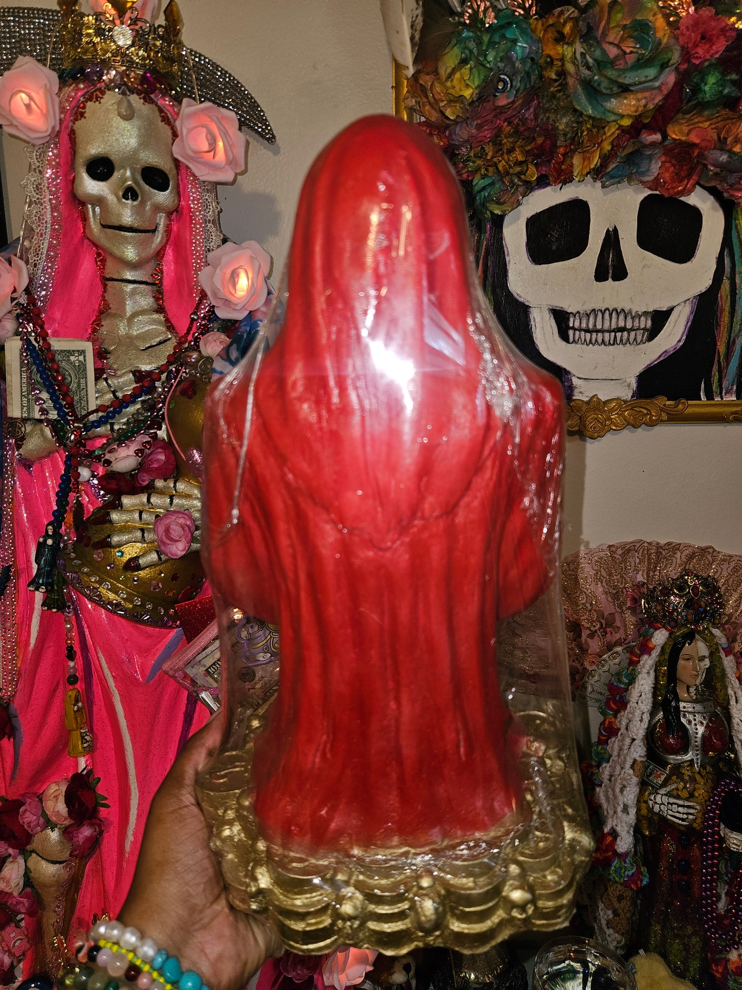 12" Roja (Red Robe) Prayer Hands Santa Muerte Statue