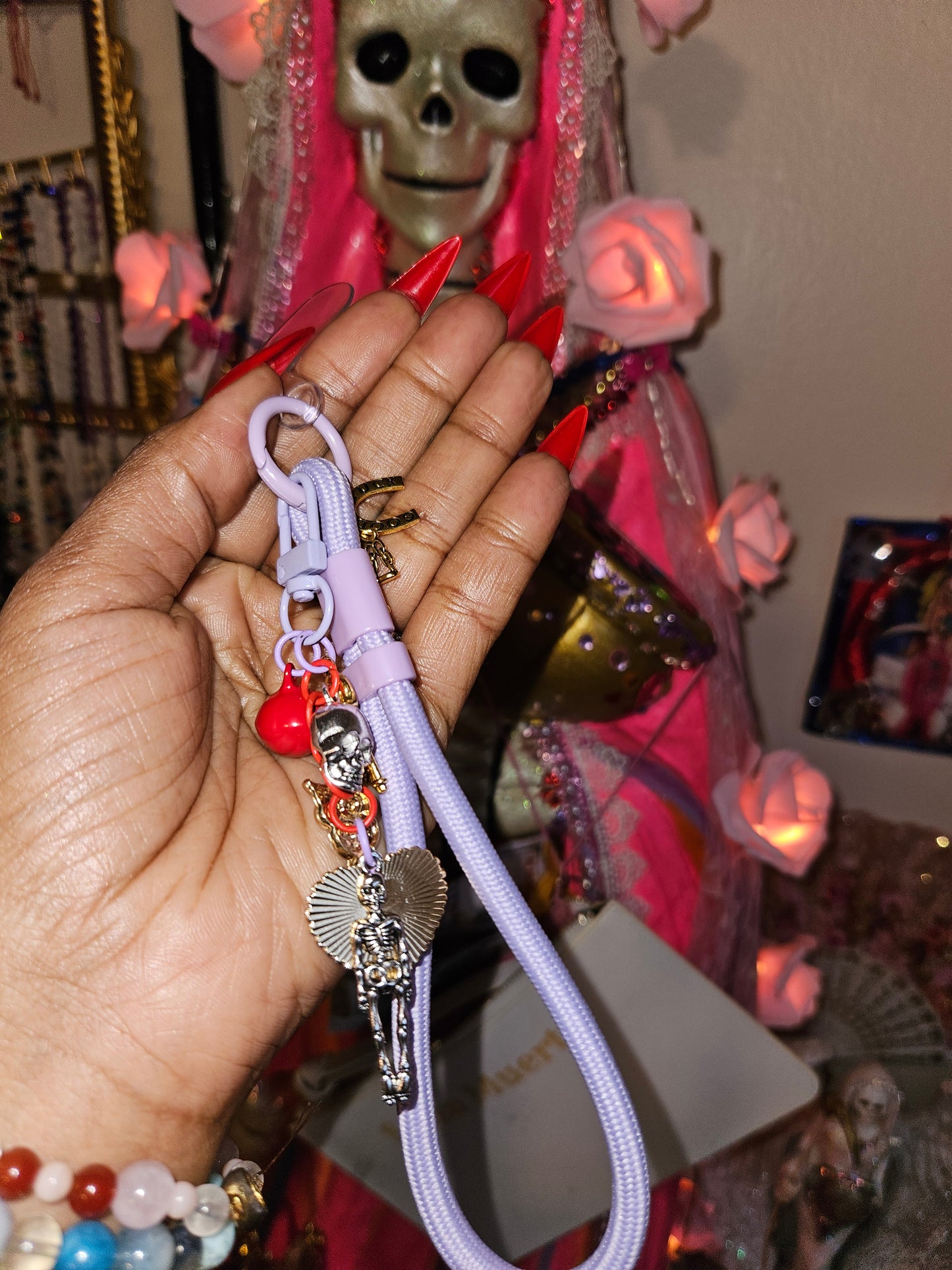 Santa Muerte Phone Wrist Strap w/ Goodluck & Protection Charms
