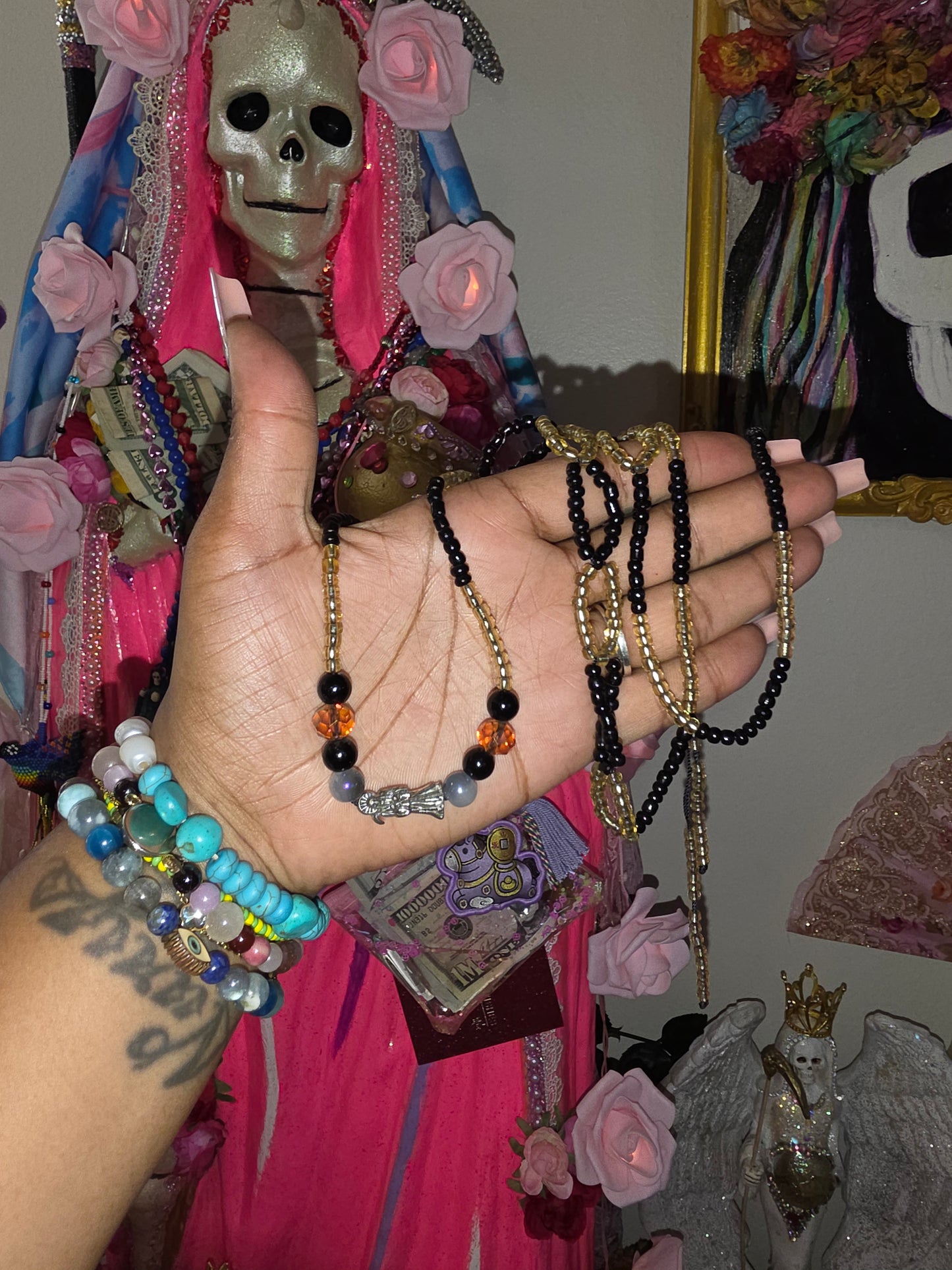 36" Drawstring Beaded Santa Muerte Necklace