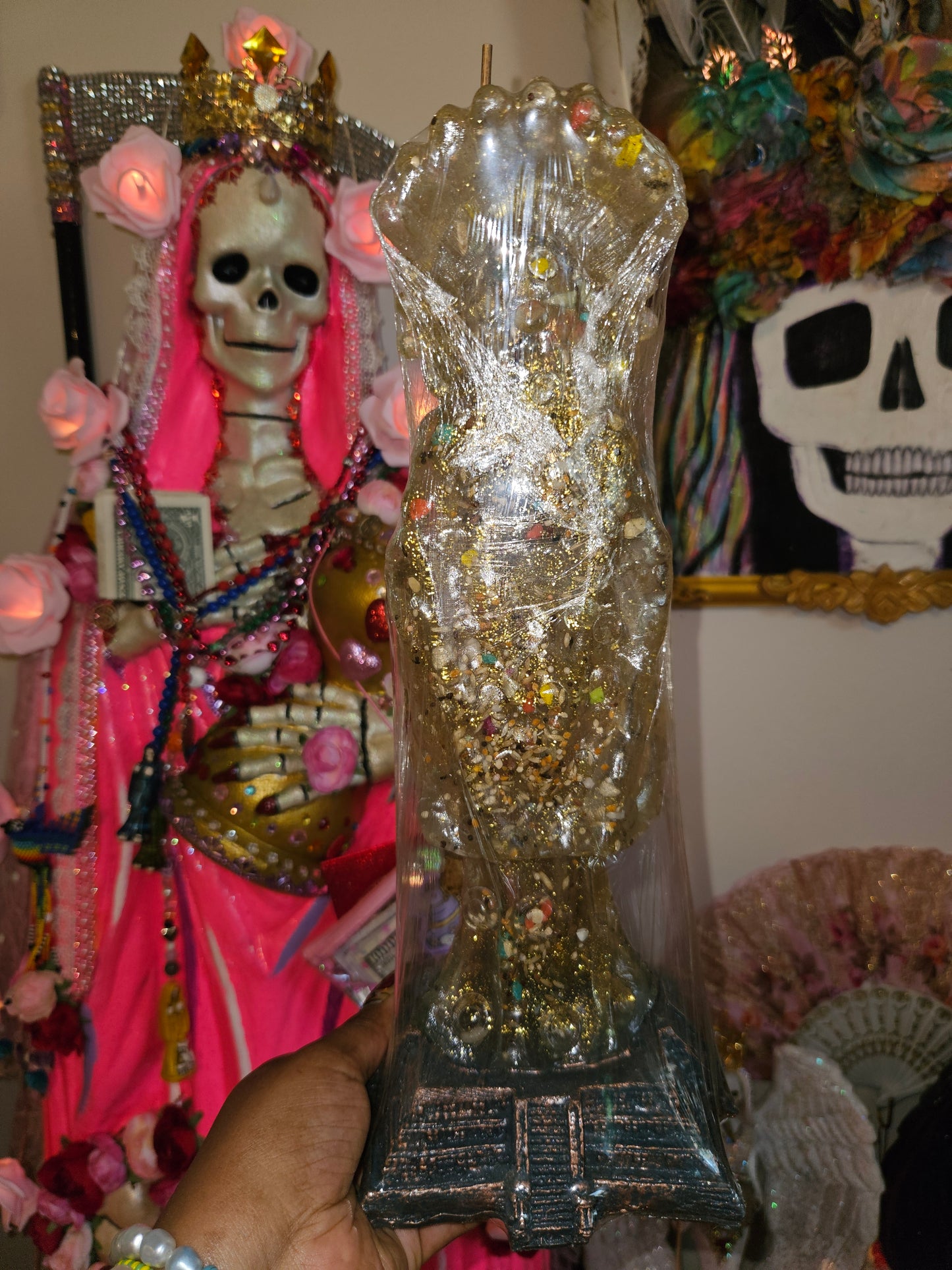 13" Clear White Robe Aztec/ Mexica Santa Muerte Statue