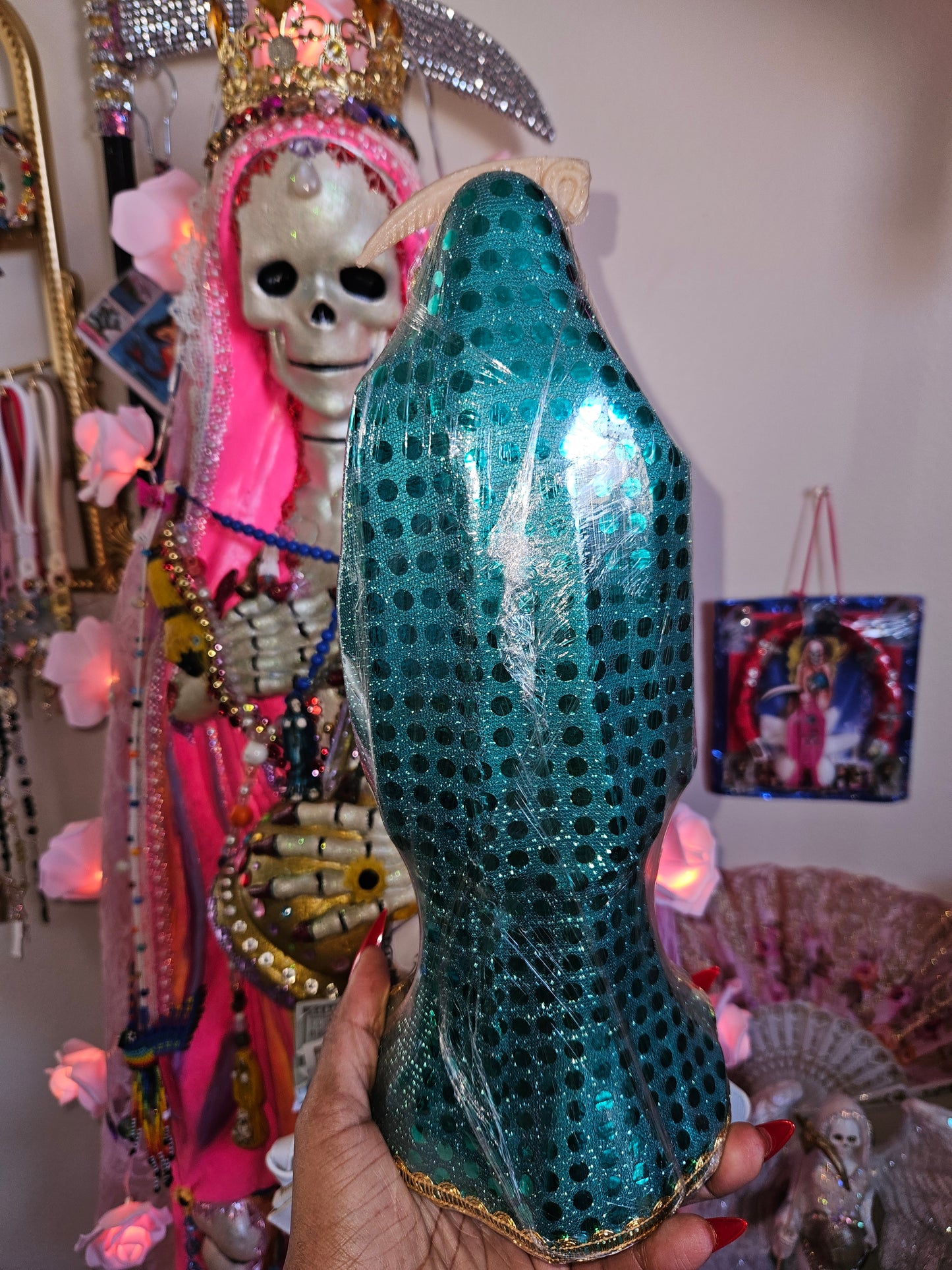 12 " Vestida Teal/Turquoise Robe Santa Muerte Statue