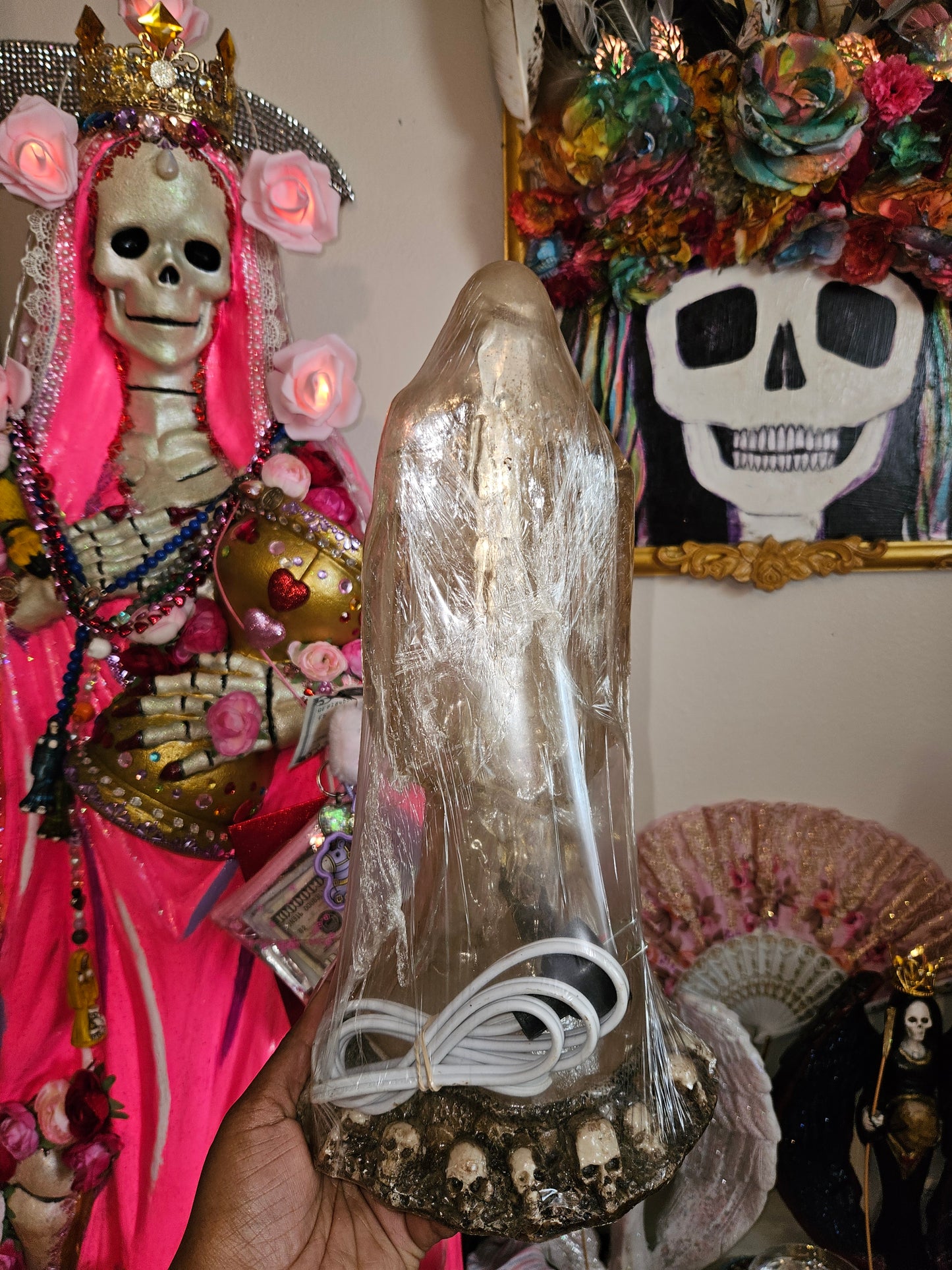 13" Clear White Robe Light Up (plug in) w/ Bell Santa Muerte Statue