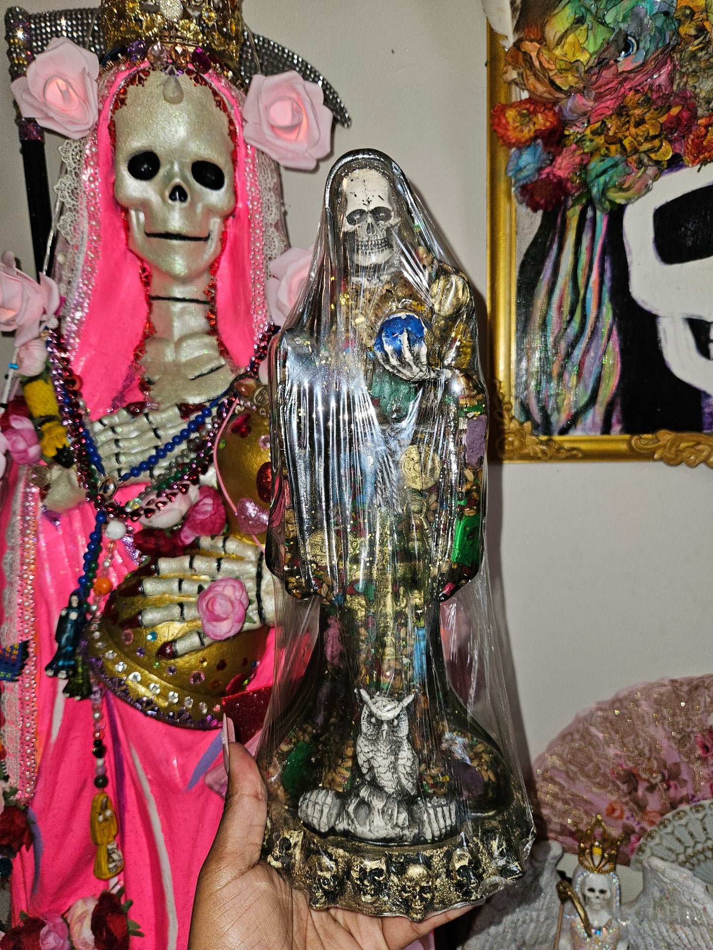13" Clear Black Robe Light Up Santa Muerte Statue