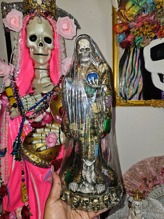 13" Clear Black Robe Light Up Santa Muerte Statue