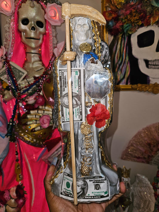 12" Vestida Silver Robe Santa Muerte Statue