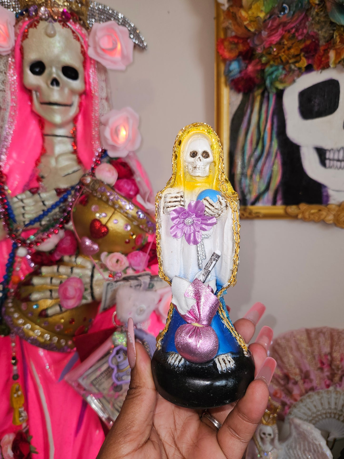 6" Vestida Yellow, White & Blue( Abre Caminos) w/ good luck bag Santa Muerte Statue