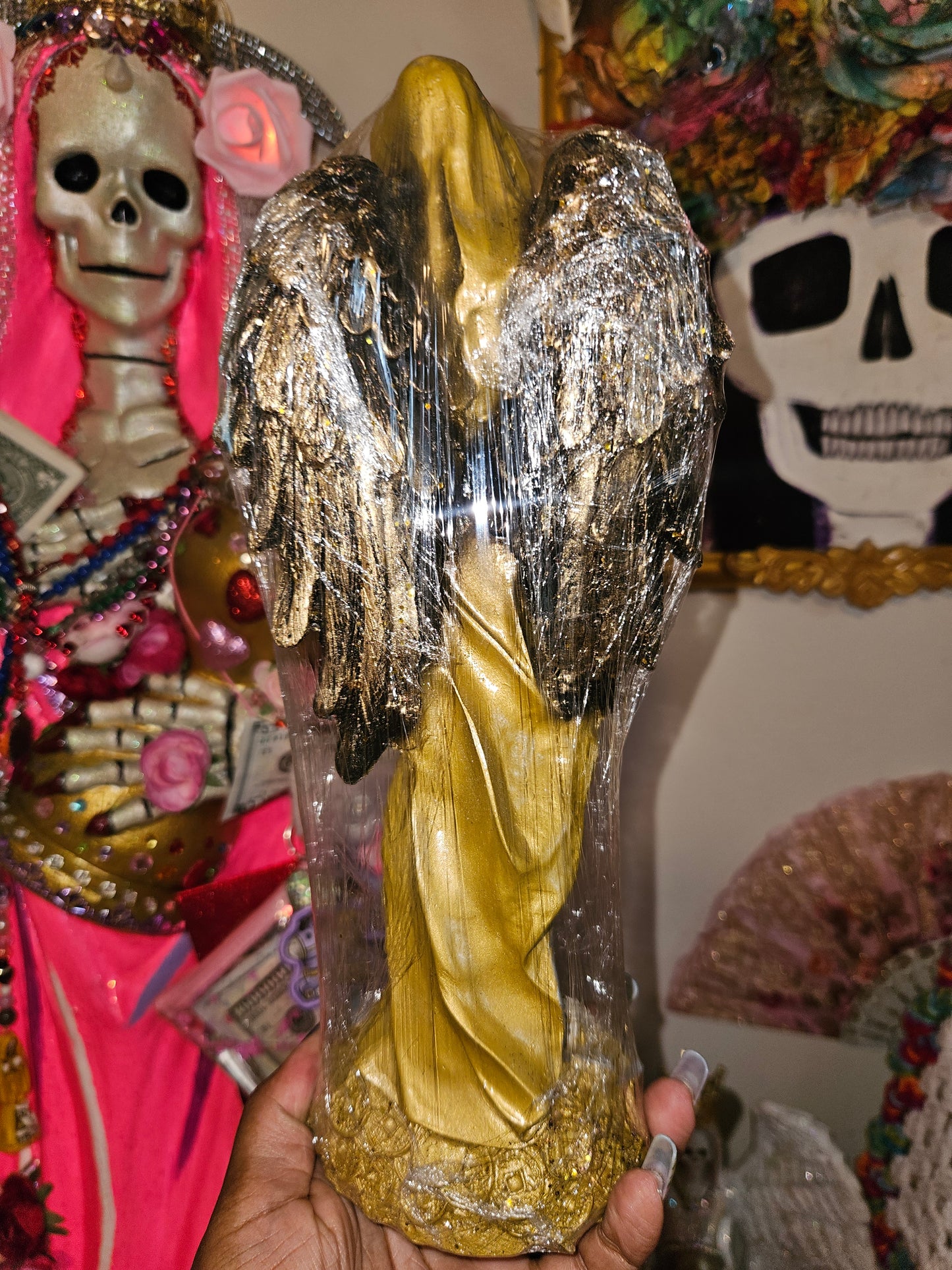 12" Winged Abundance Gold Robe Santa Muerte Statue