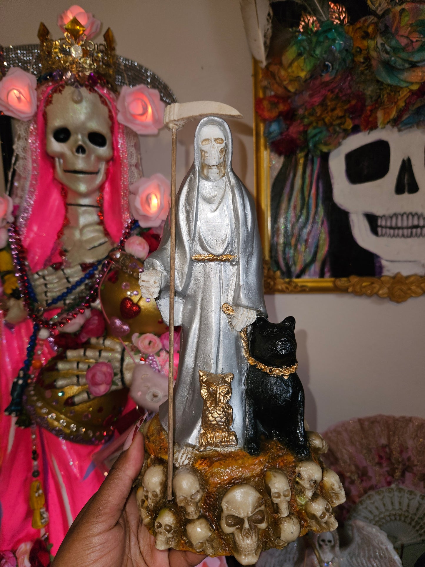 12" Silver Robe Santa Muerte w/ her Dog Statue