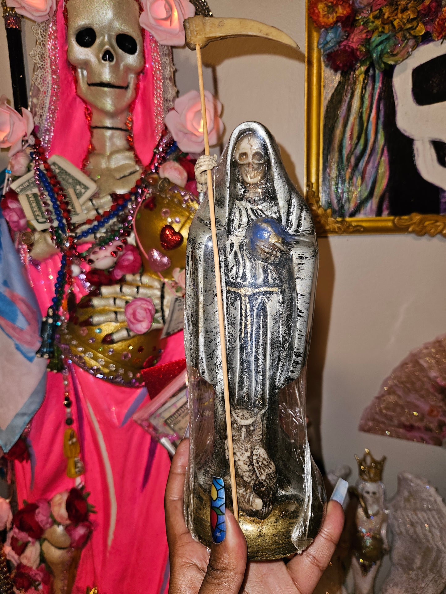 10" Silver Robe Santa Muerte Statue