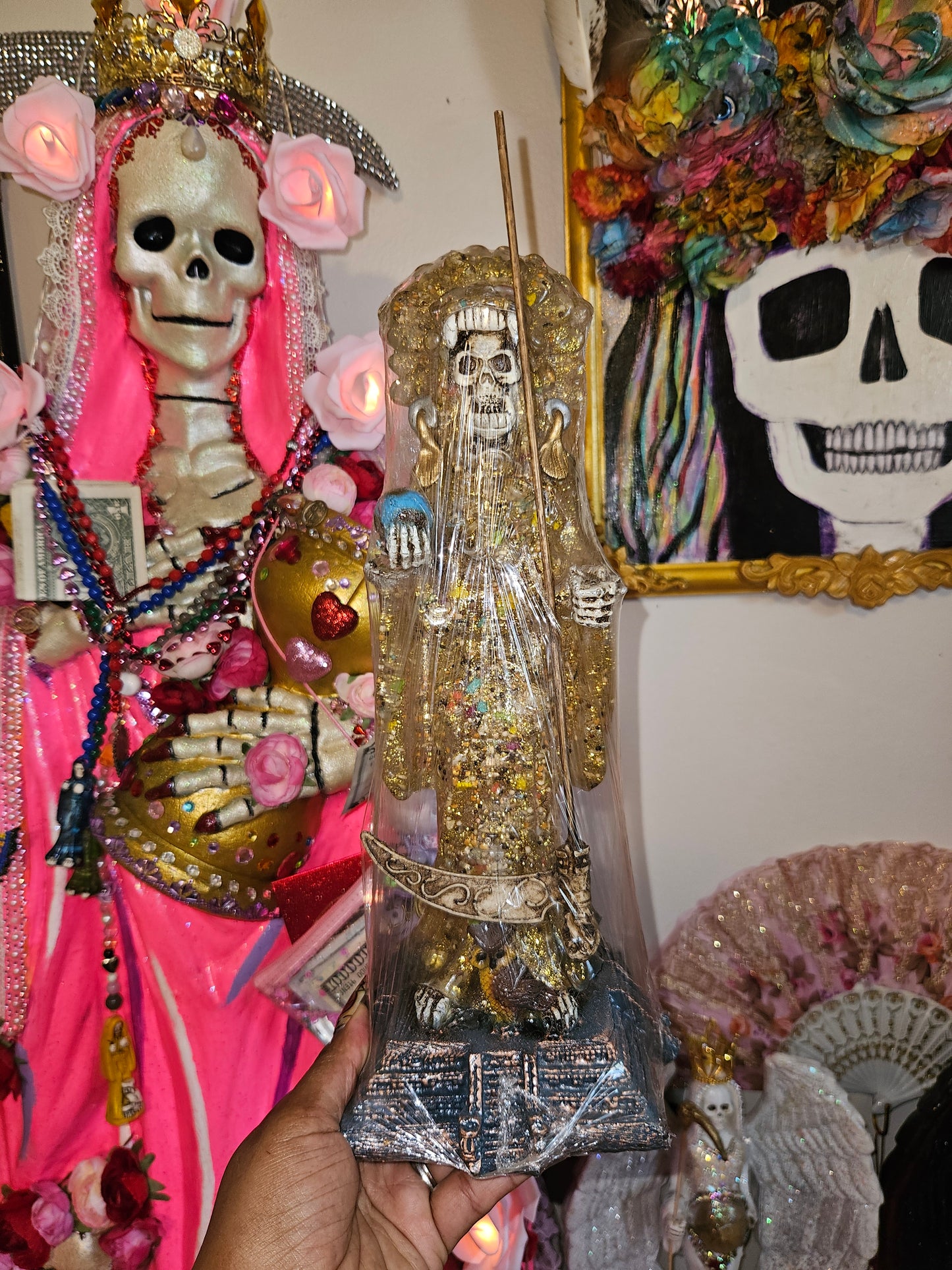 13" Clear White Robe Aztec/ Mexica Santa Muerte Statue