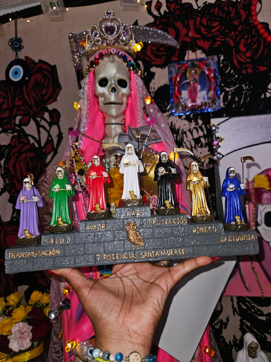 Santa Muerte Bundle w/ mini 7 Potencias Santa Muerte Statues on Stand