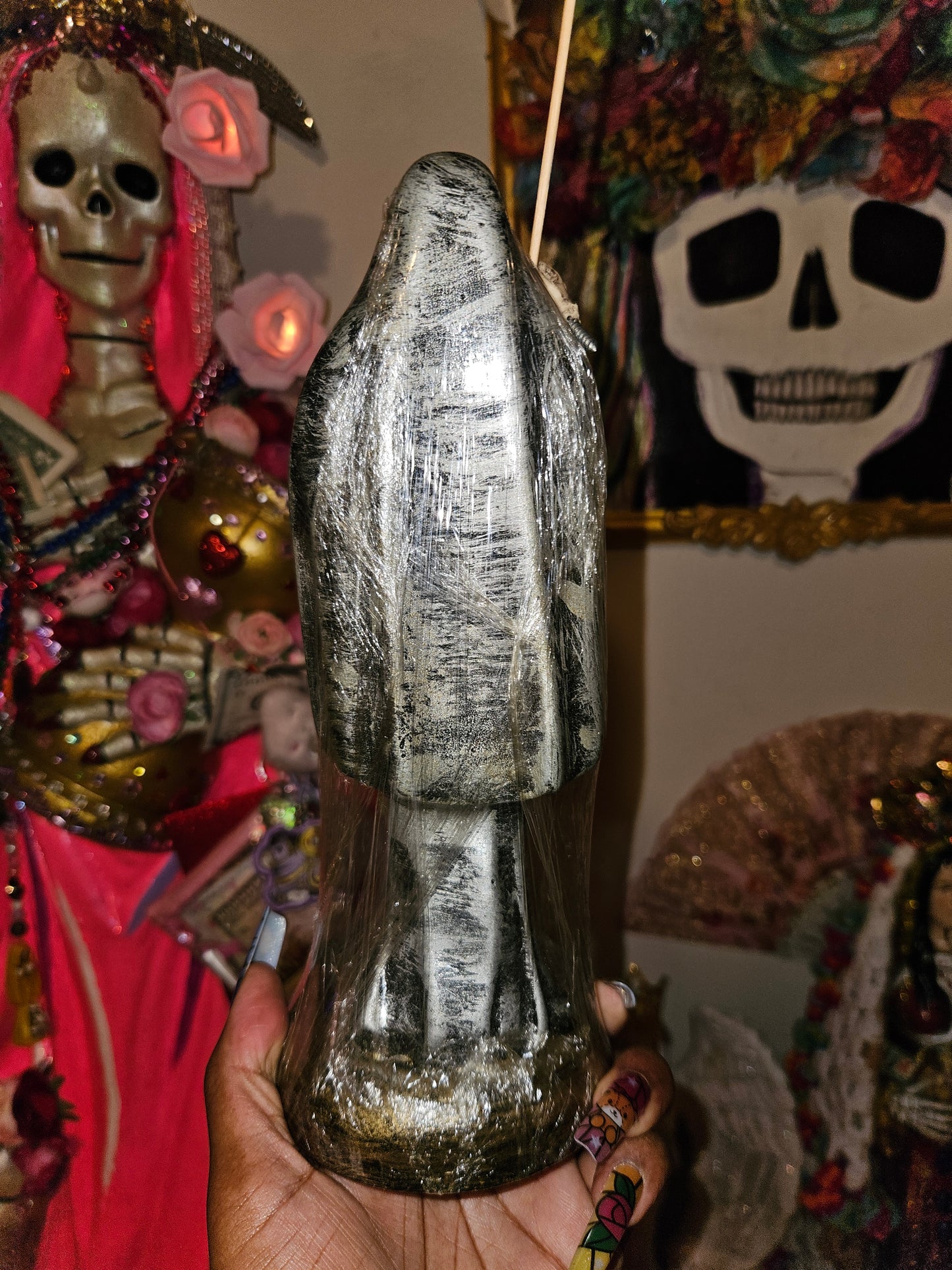 10" Silver Robe Santa Muerte Statue