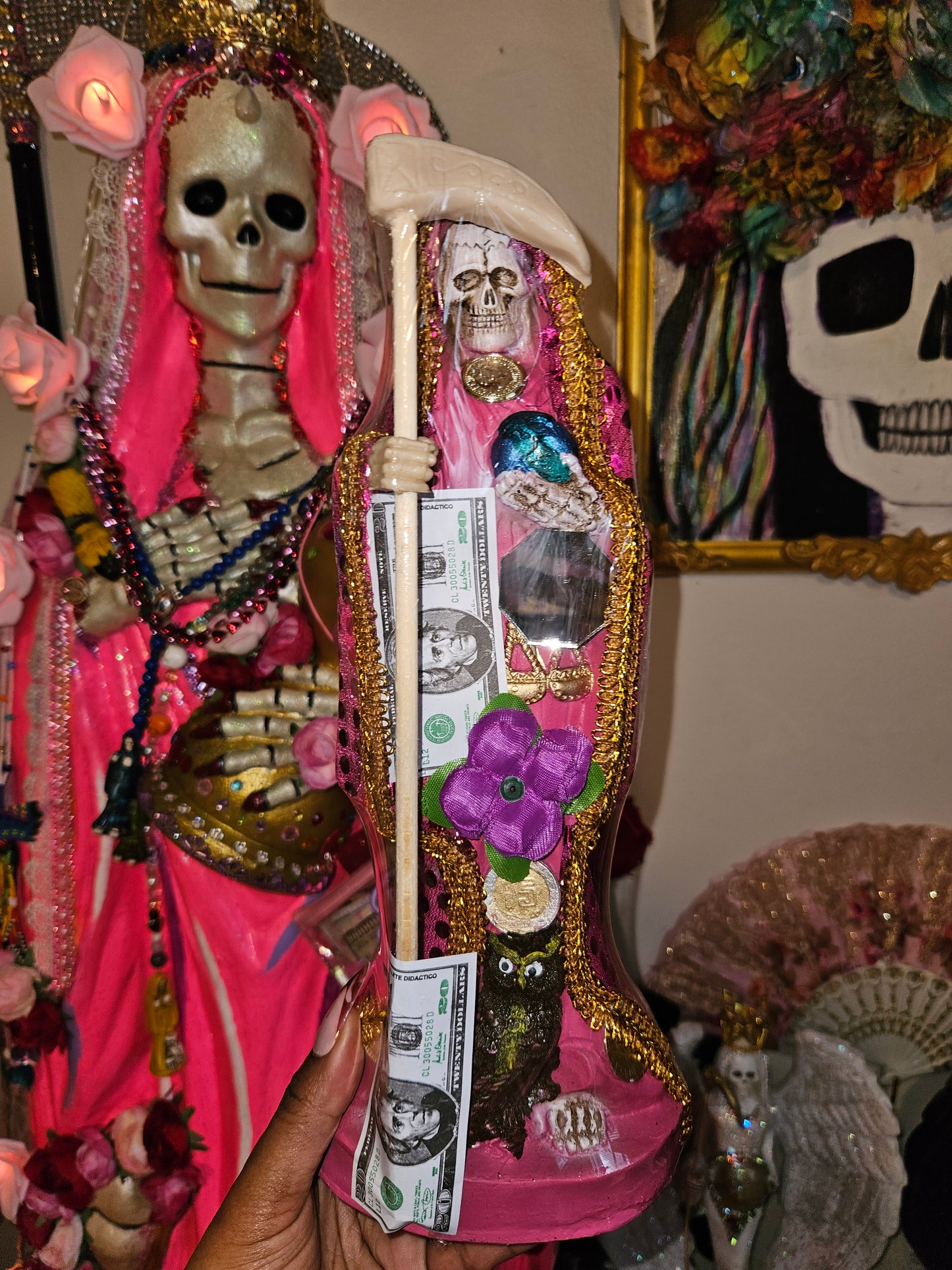 12" Vestida Pink Robe Santa Muerte Statue