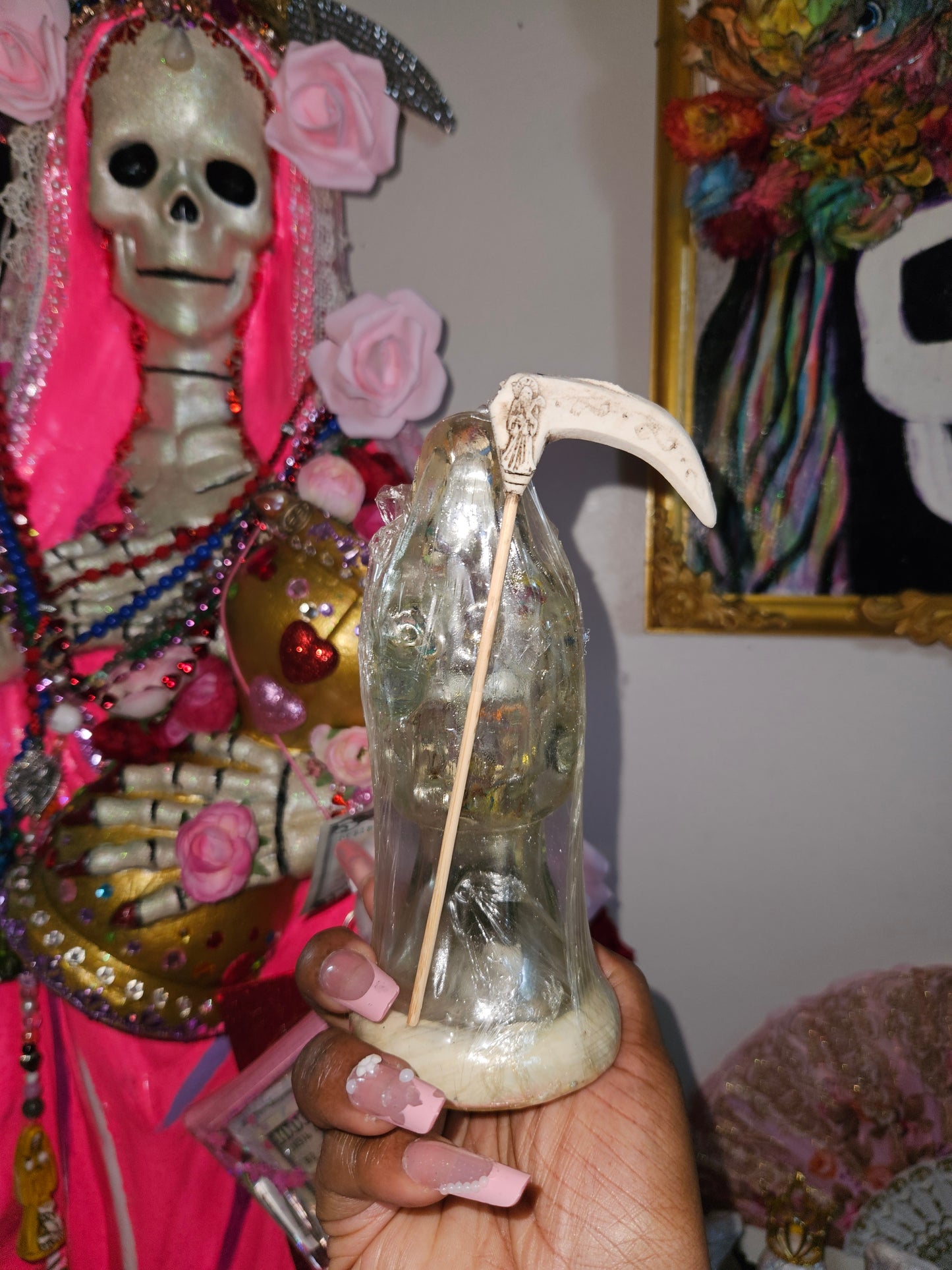 6" Clear White Robe Santa Muerte Statue