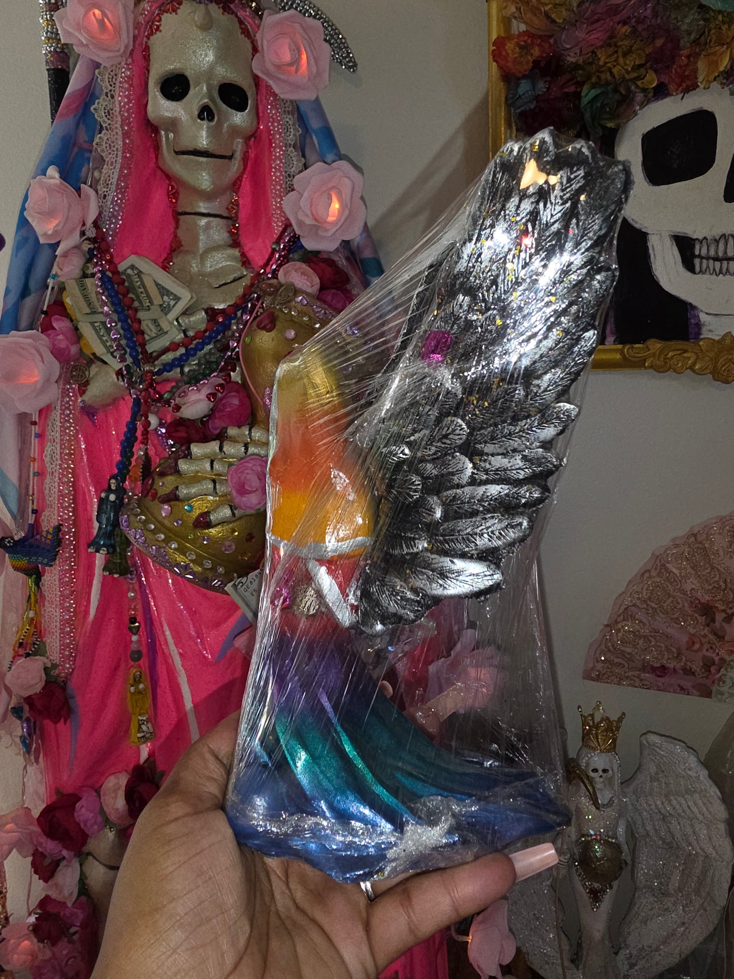8" Winged Rainbow Robe Santa Muerte Statue