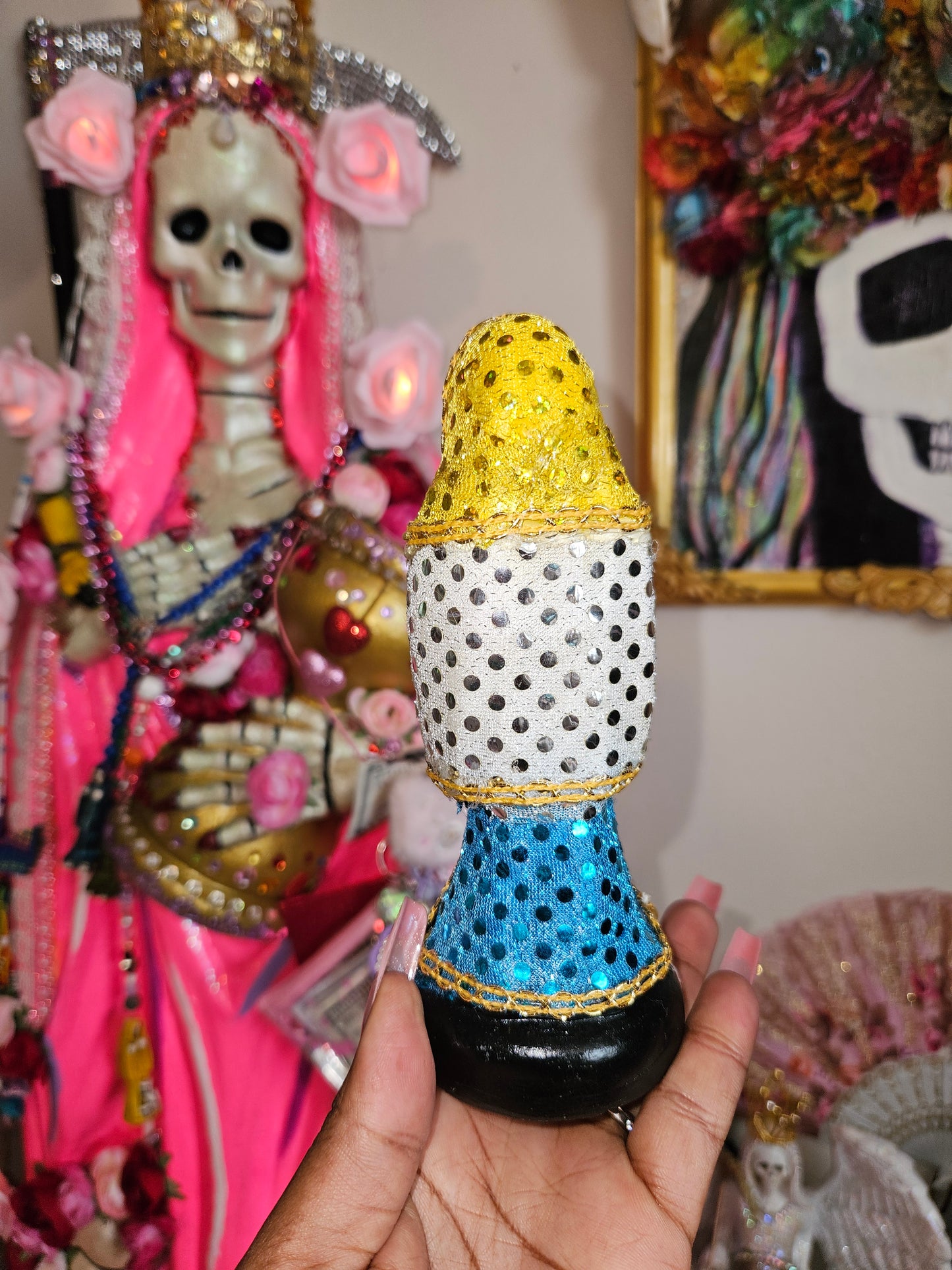 6" Vestida Yellow, White & Blue( Abre Caminos) w/ good luck bag Santa Muerte Statue