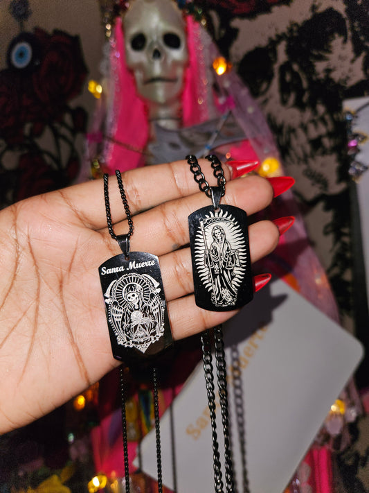 22 " Black Stainless Steel Santa Muerte Necklace with Prayer in the back