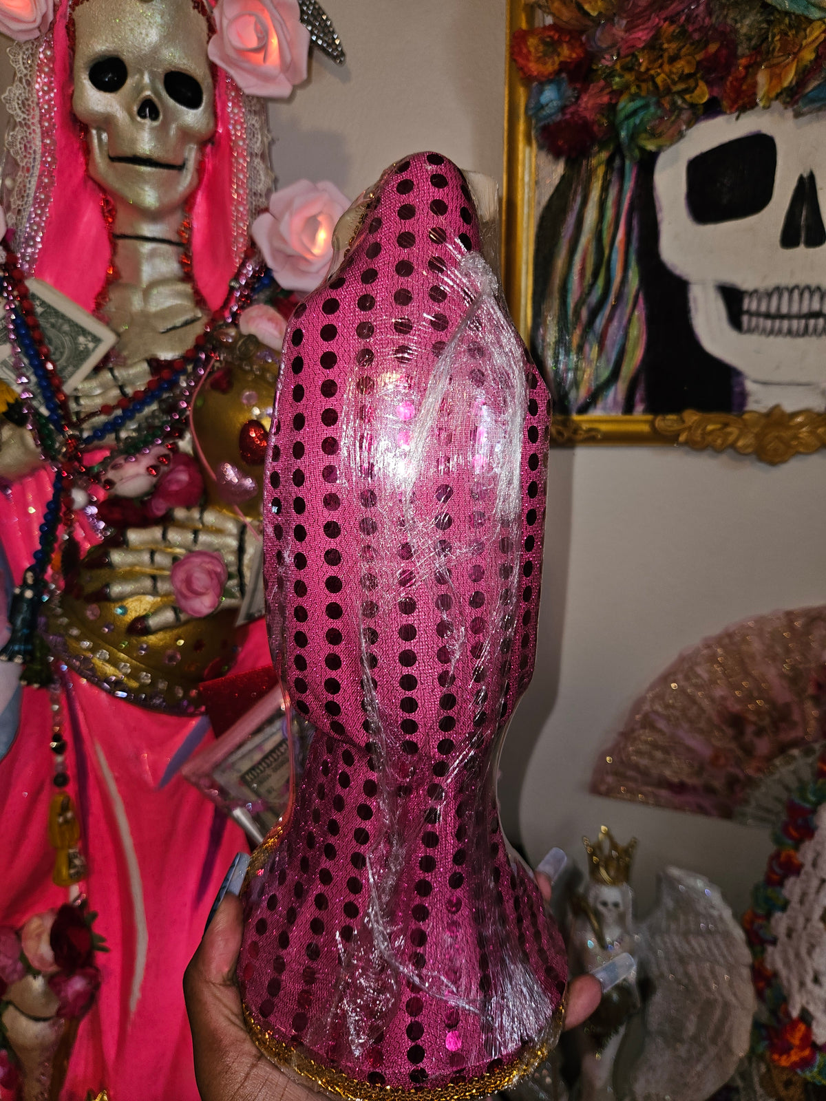 12" Vestida Pink Robe Santa Muerte Statue