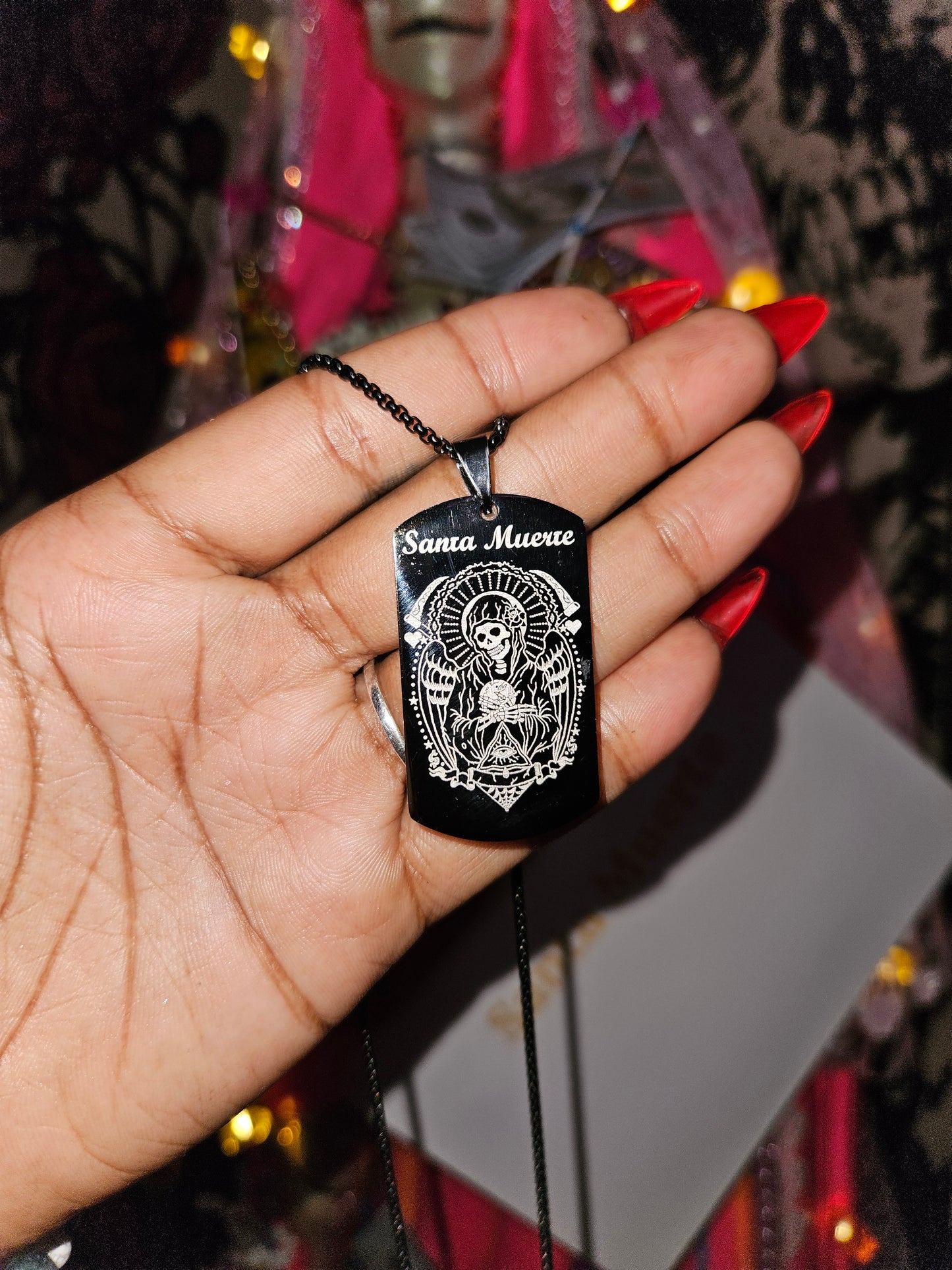 22 " Black Stainless Steel Santa Muerte Necklace with Prayer in the back