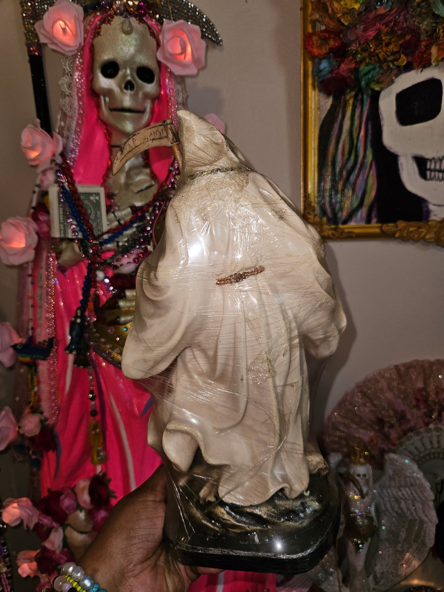 12" White Robe (Niña Blanca) Santa Muerte Statue w/ Removable hands & Scythe