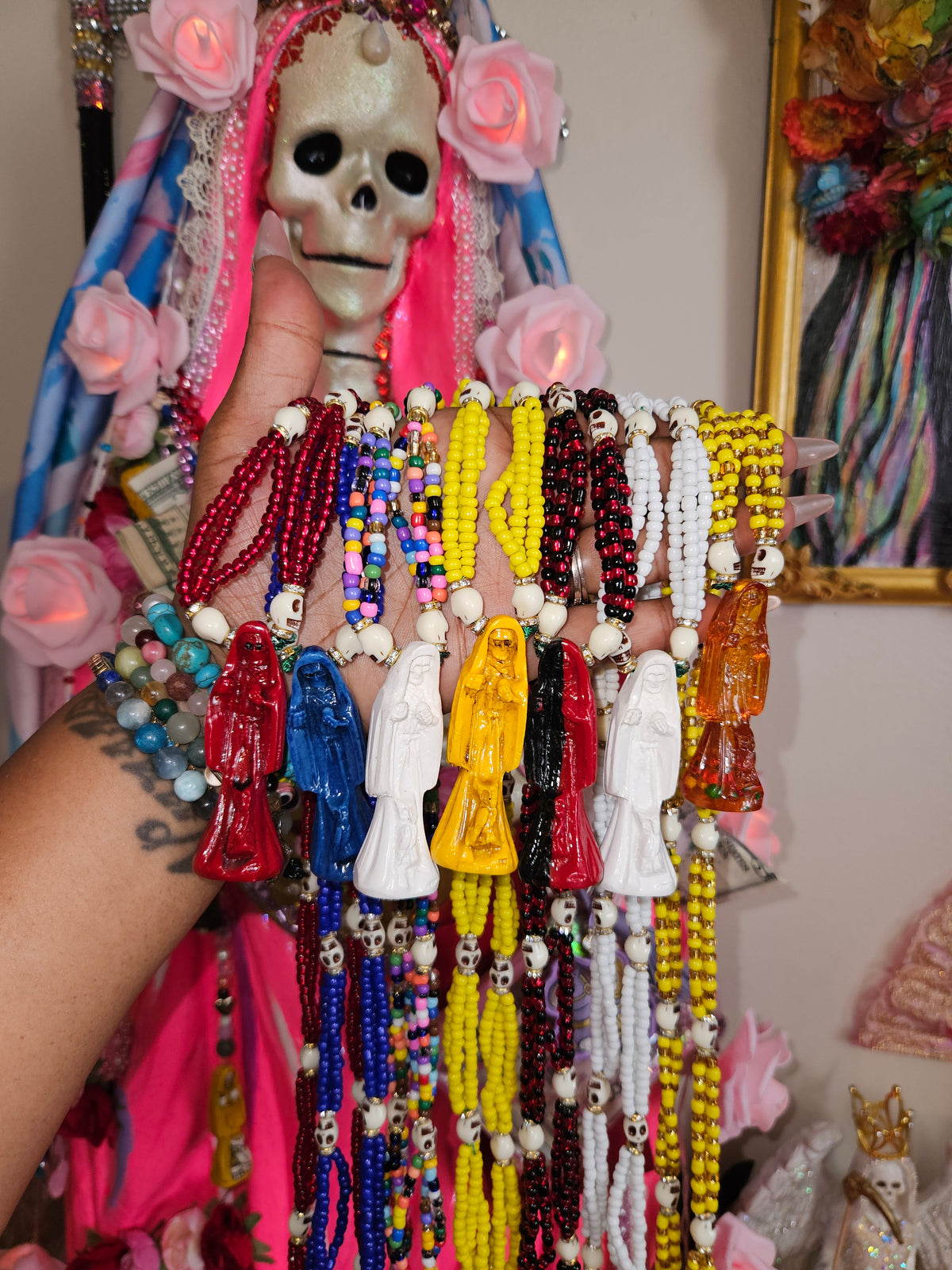 32' Beaded Santa Muerte Necklace