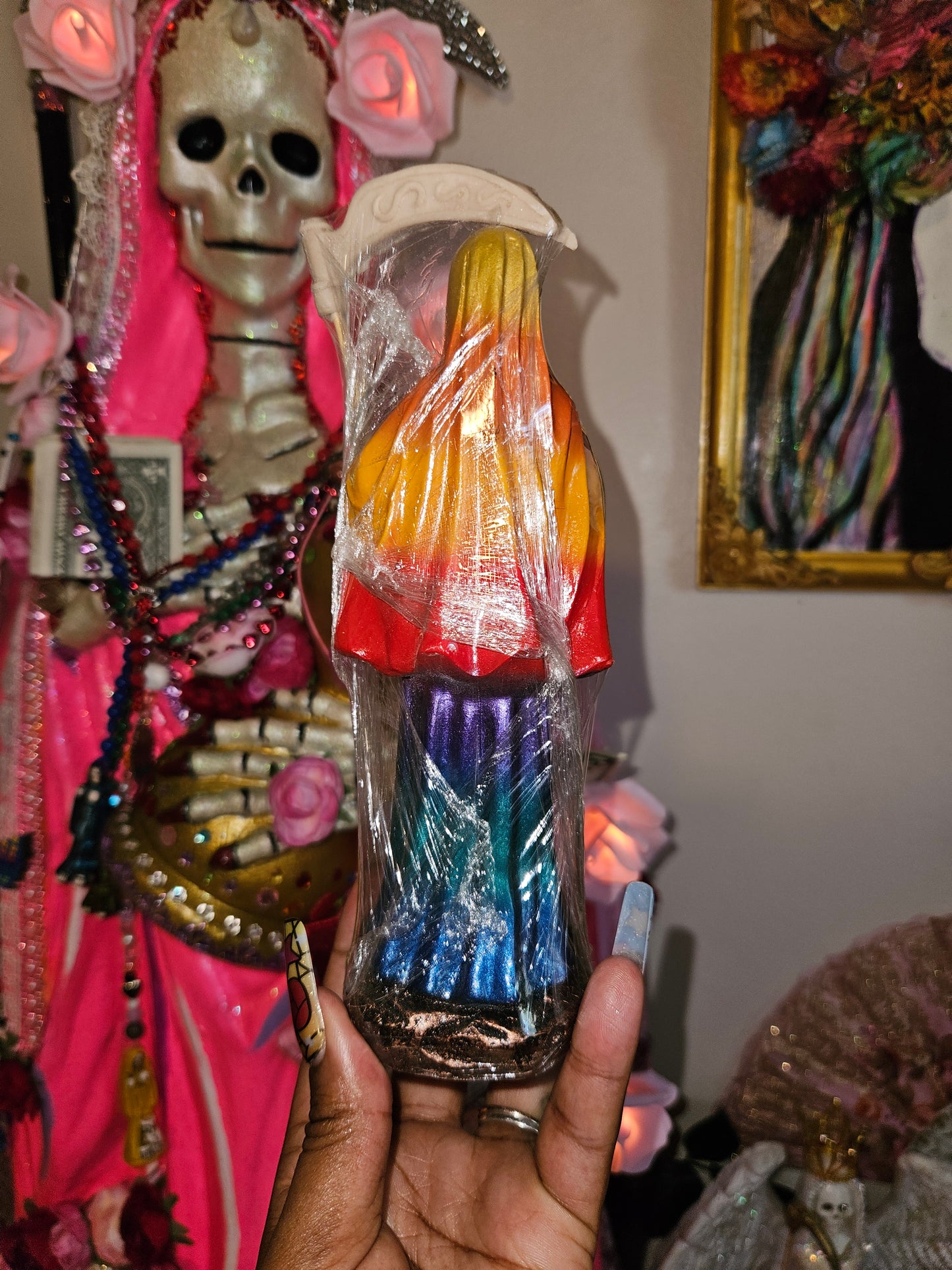 8" Rainbow/7Colores Robe Santa Muerte Statue