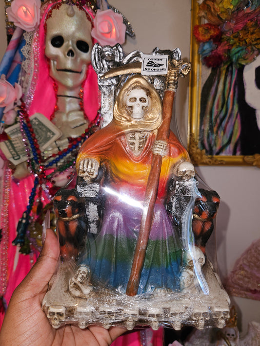 9" Sitting Colores/Rainbow Robe with dogs Santa Muerte Statue