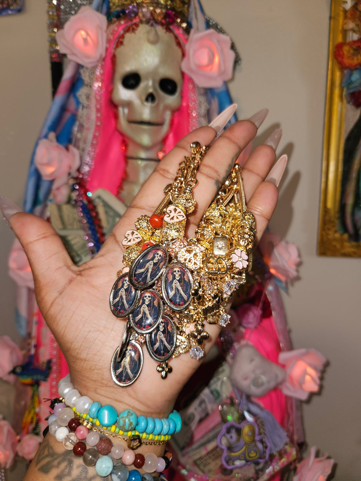 Gold Tone Santa Muerte Charm Bracelet