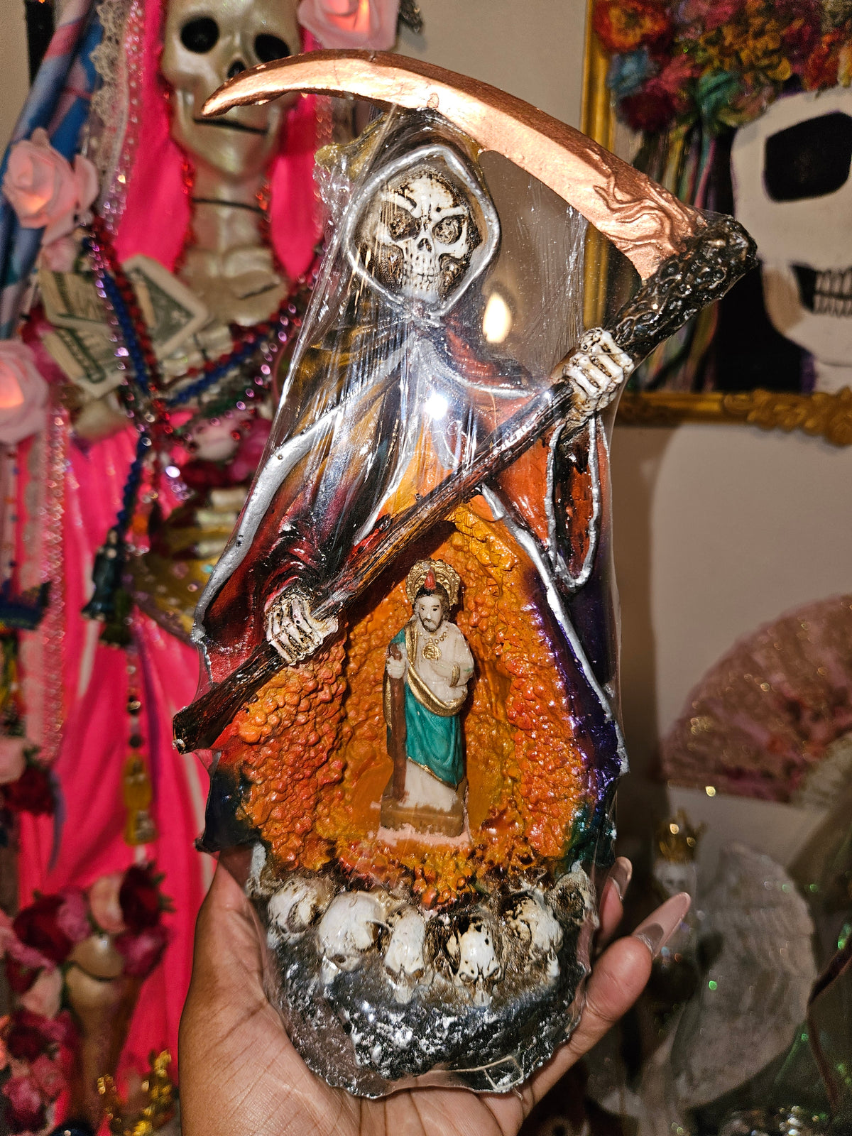 10" Black Rainbow Robe w/ San Judas Santa Muerte Statue