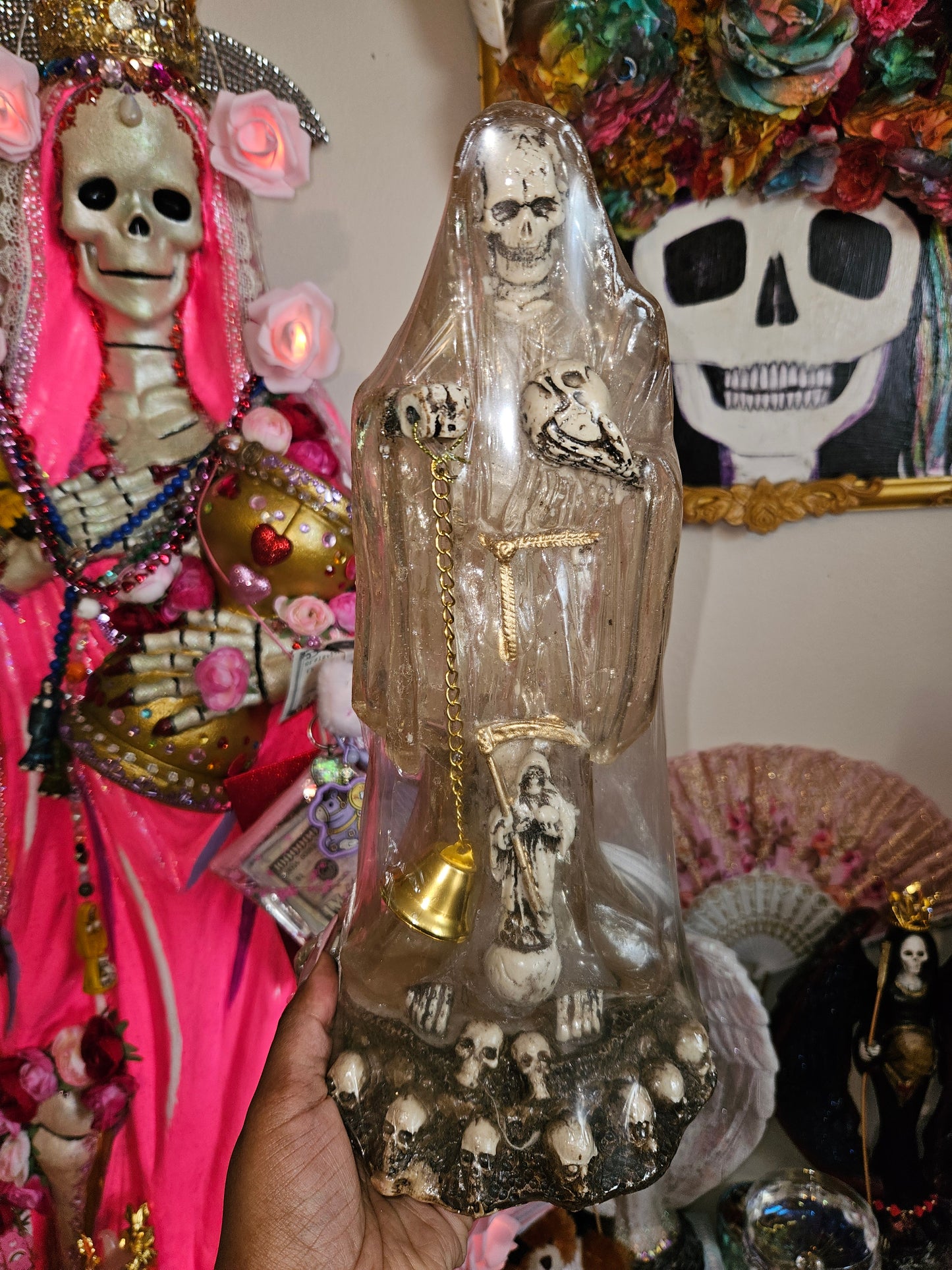 13" Clear White Robe Light Up (plug in) w/ Bell Santa Muerte Statue