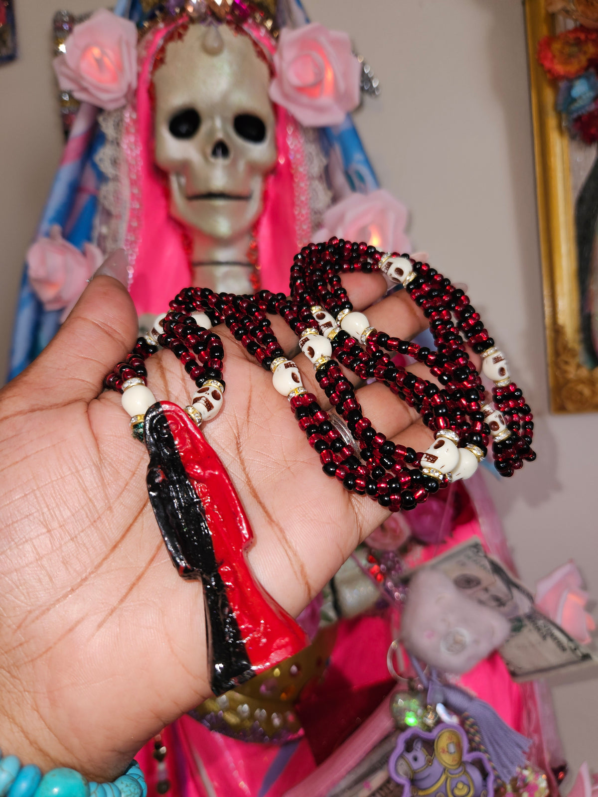 32' Beaded Santa Muerte Necklace