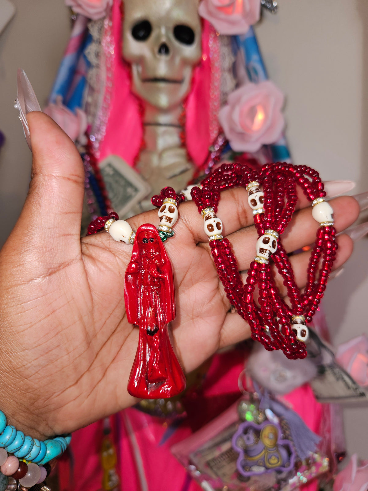 32' Beaded Santa Muerte Necklace