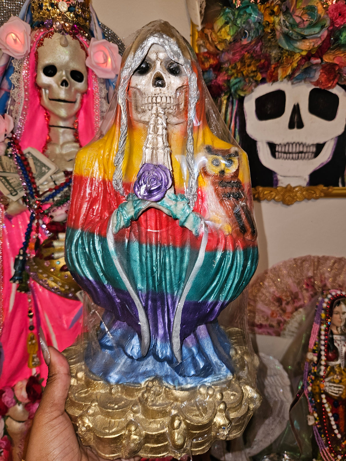 13" Rainbow Robe Prayer Hands Santa Muerte Statue