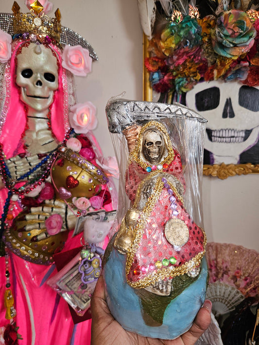 8" Vestida Red Robe Sitting on Top of World Santa Muerte Statue