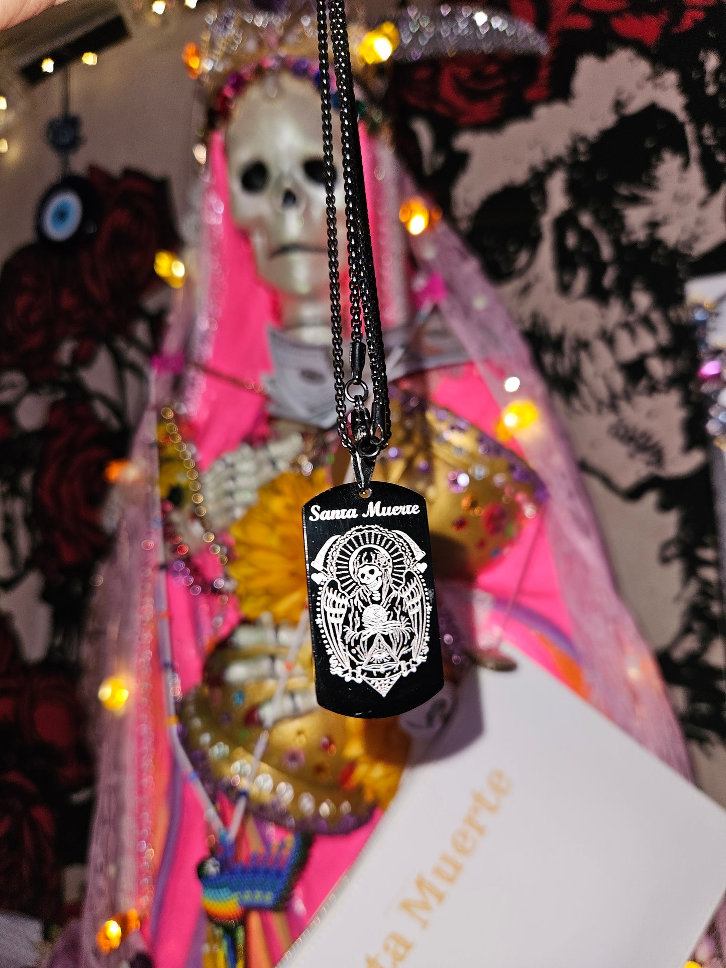 22 " Black Stainless Steel Santa Muerte Necklace with Prayer in the back