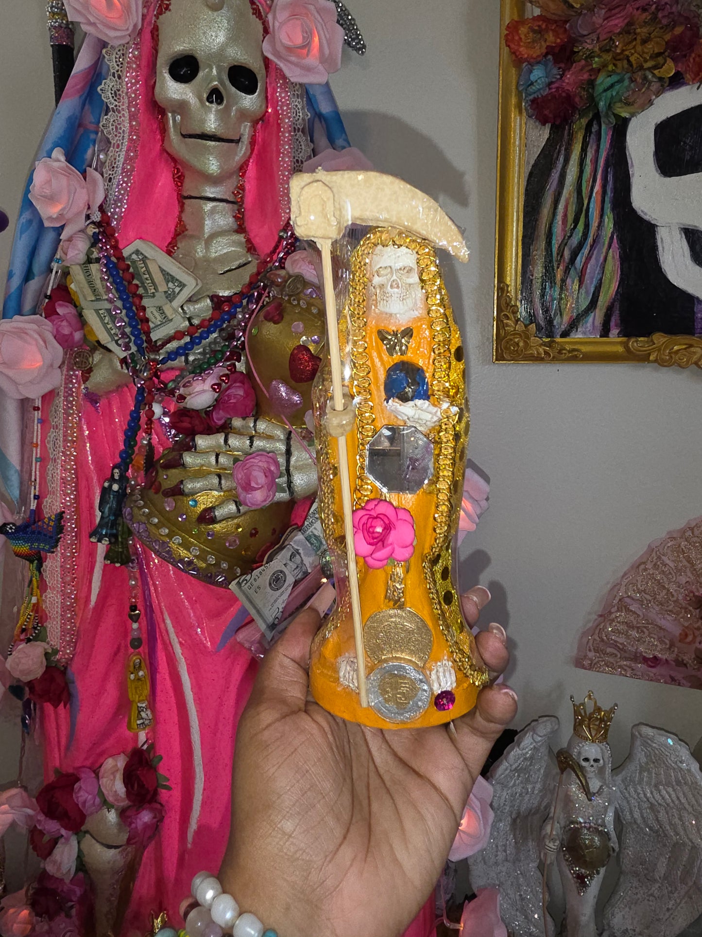 8" Vestida Marigold Orange Santa Muerte Statue