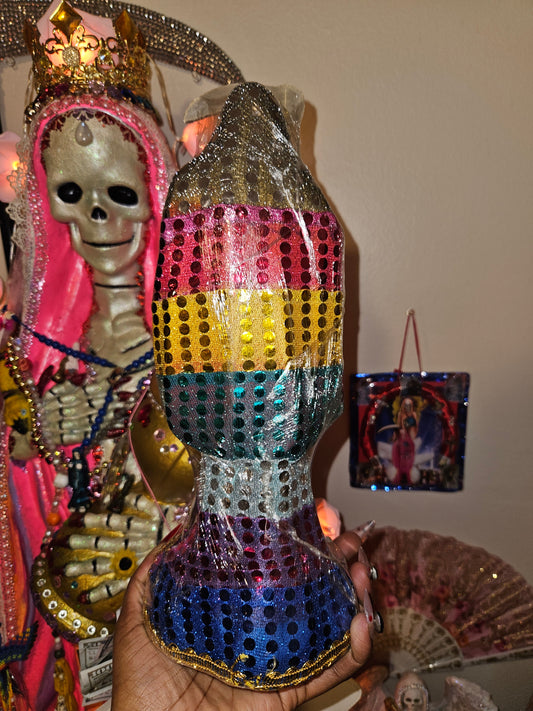 12" Vestida 7 Colores/Rainbow Robe Santa Muerte Statue