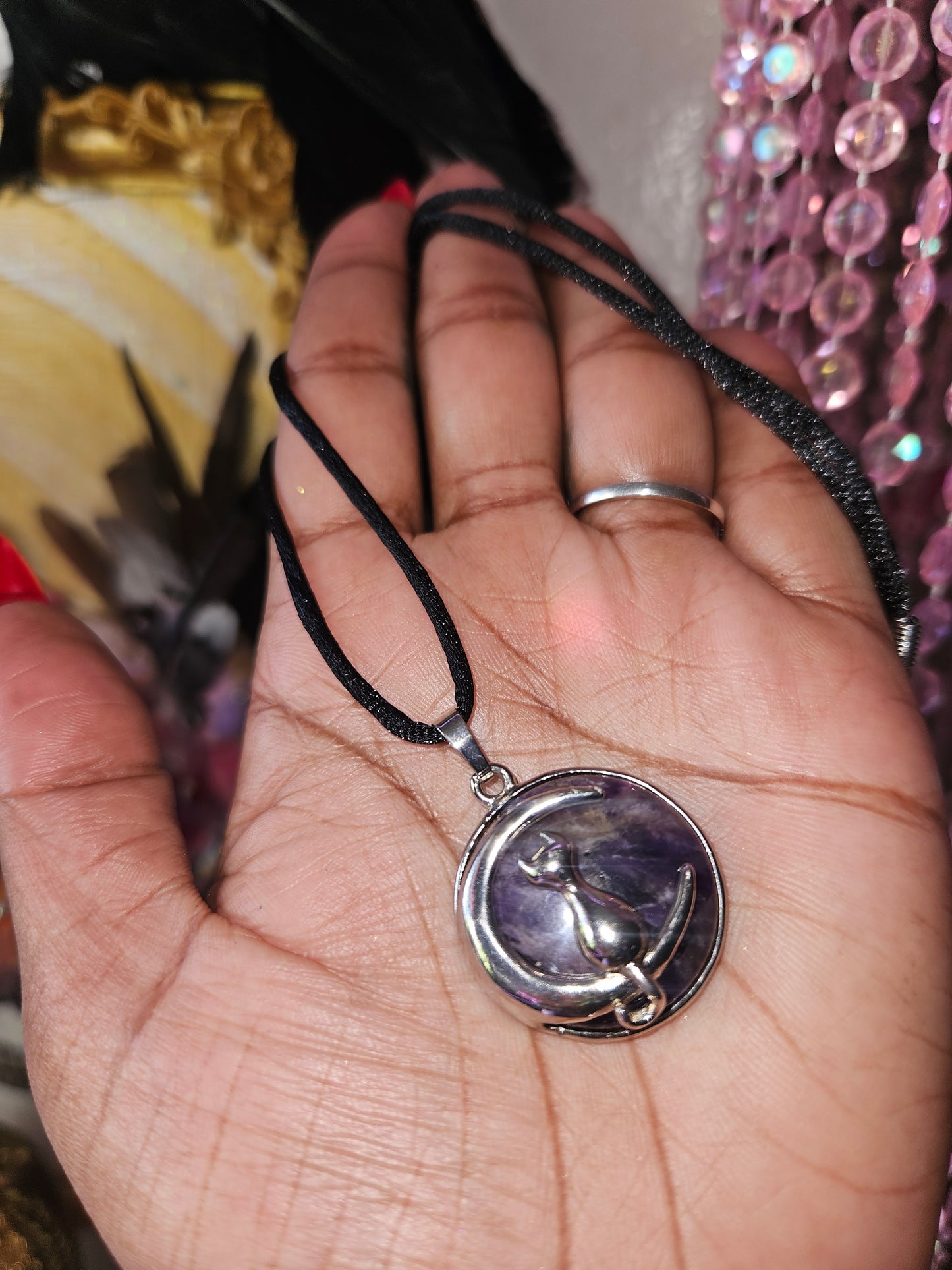 Amethyst Moon Cat Pendant Necklace