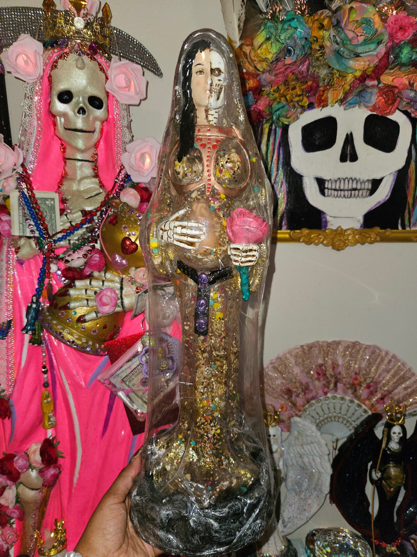 21" Clear White Santa Muerte Embarasada (Pregnant) Encarnada Santa Muerte Statue