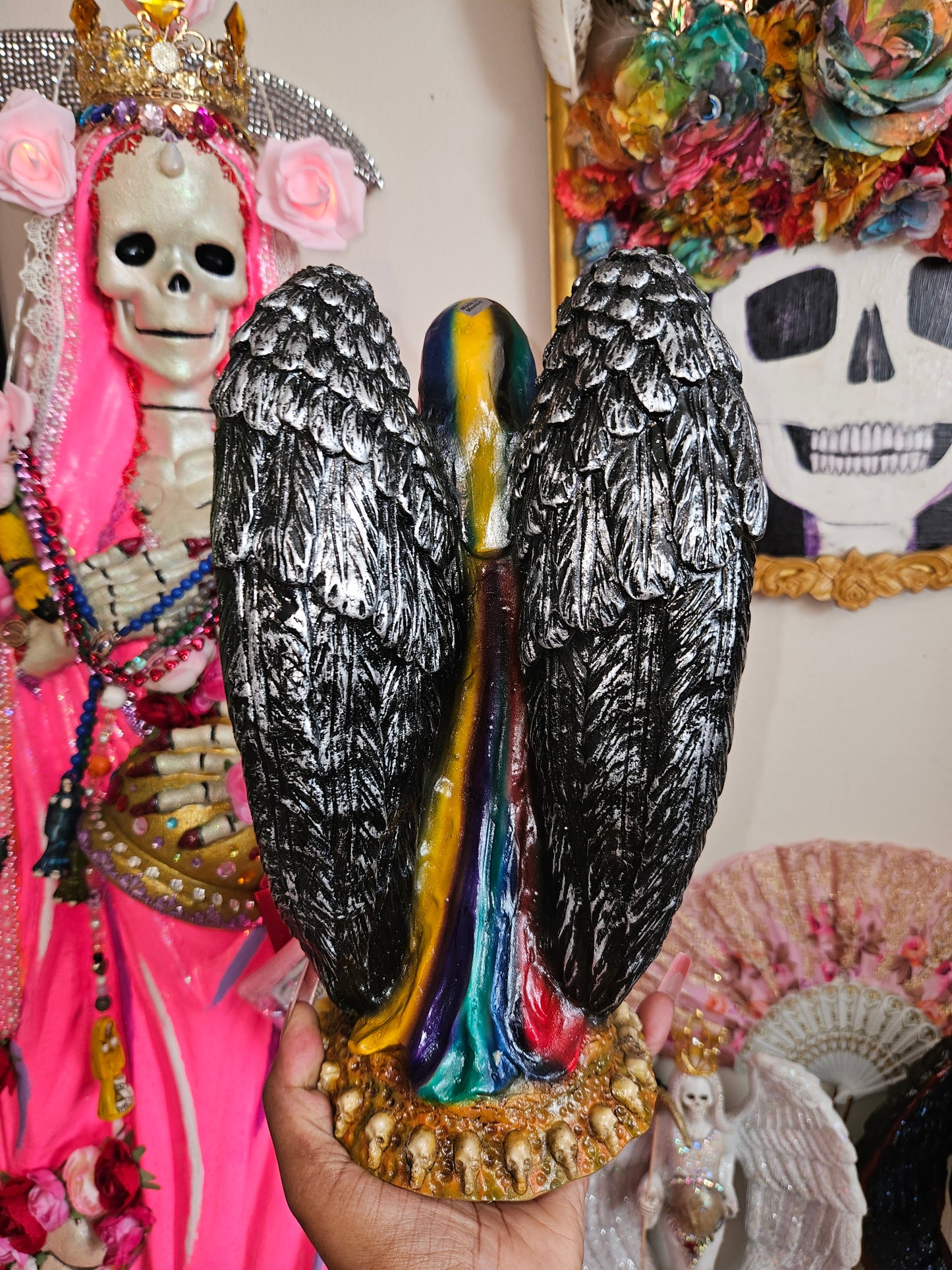 12" Winged Colorful Black Robe Santa Muerte Statue