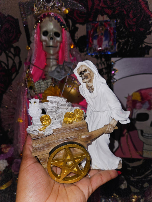 7" Blanca/White Robe w/ Money Wheel Barrel  Santa Muerte Statue